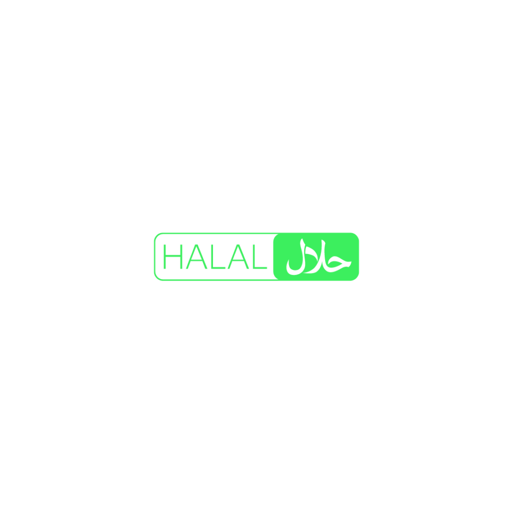 Logo met de tekst 'HALAL' in het Engels en Arabisch op een groene achtergrond.