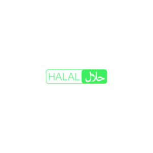 Logo met de tekst 'HALAL' in het Engels en Arabisch op een groene achtergrond.