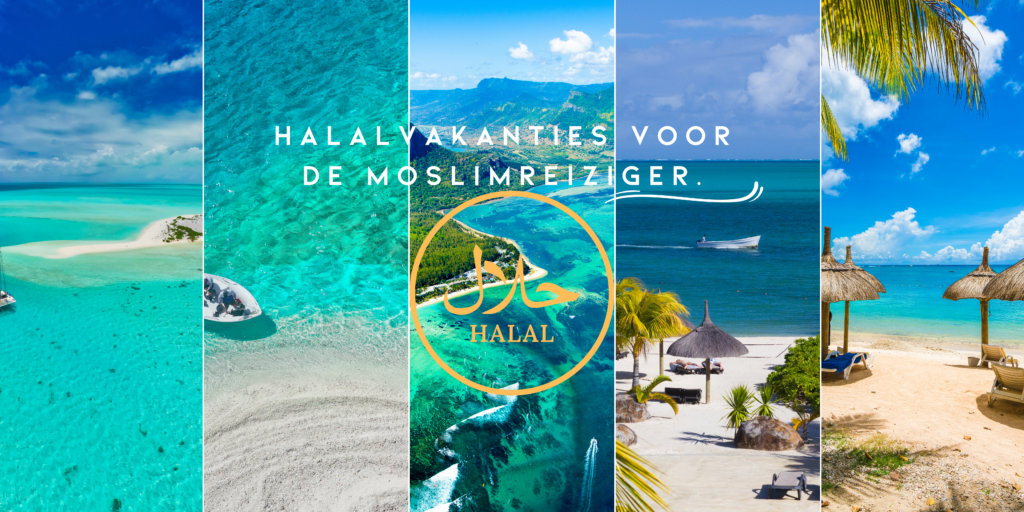 Collage van tropische vakantiebestemmingen met kristalhelder water, witte stranden en palmbomen met het logo 'Halal' en de tekst 'Halalvakanties voor de moslimreizige