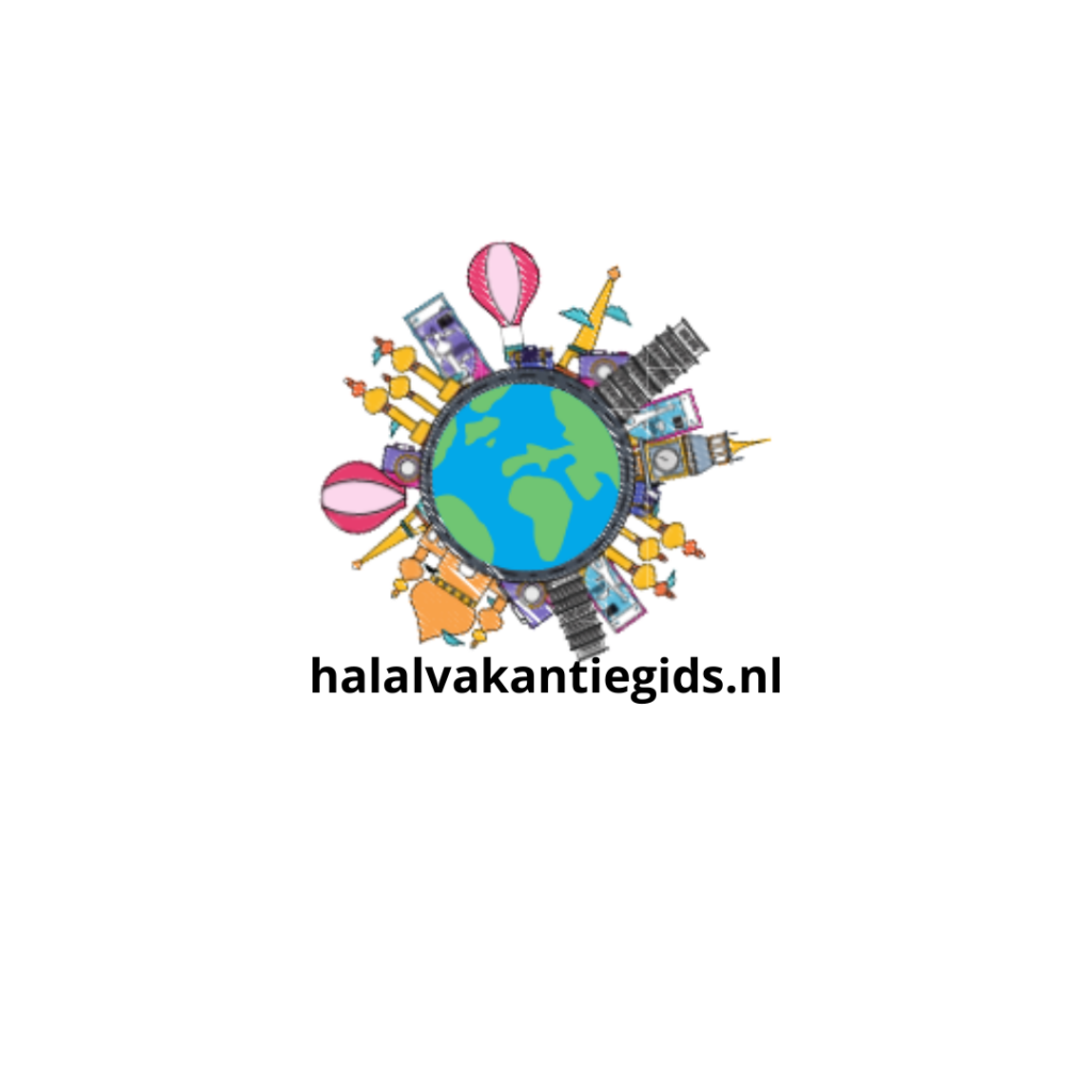 Logo van halalvakantiegids.nl met wereldbol en iconen van toeristische bestemmingen.