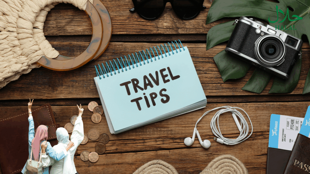 Halal reis essentials voor moslima's: reispas, hoofddoek, halal-vriendelijk notitieboekje met travel tips en camera op houten achtergrond