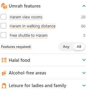 Filteropties voor Umrah hotels met Kaäba-uitzicht, Haram-uitzicht en gratis shuttlebus