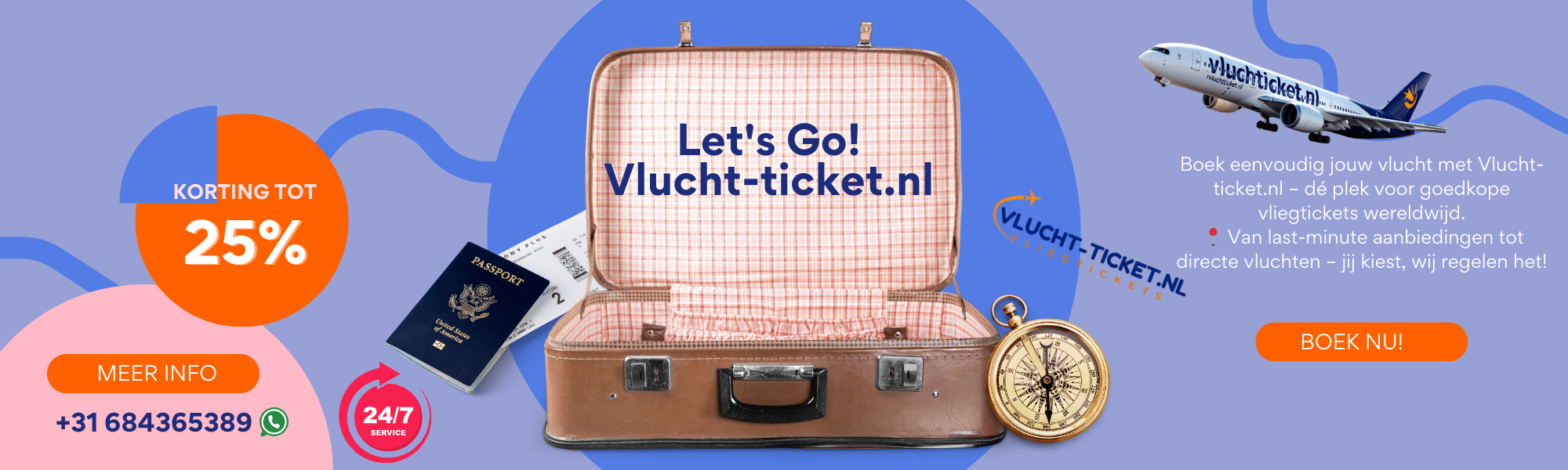 Vlucht-ticket.nl banner met korting tot 25% op vliegtickets – eenvoudig boeken via Halalvakantiegids.nl