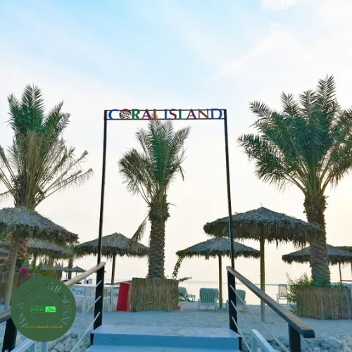 Strandgedeelte met palmbomen bij Lagoona Beach Luxury Resort in Bahrein.