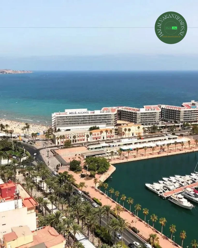 Meliá Alicante aan zee, met het strand links en de jachthaven op de voorgrond.