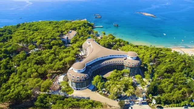 Het resort ligt midden in de bossen van Avsallar, Antalya. Dronefoto van halal hotel Wome Deluxe Alanya Antalya in bosrijke omgeving