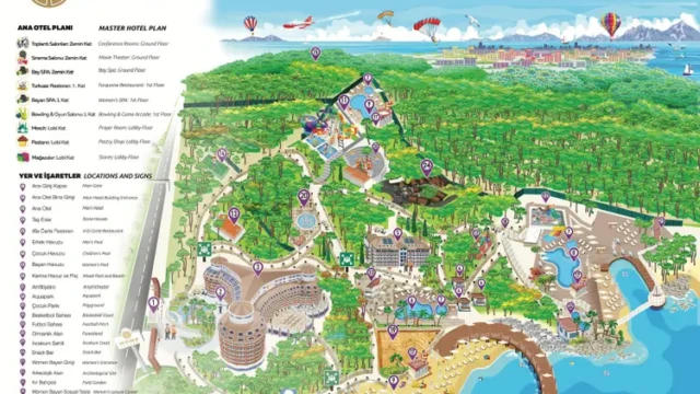 Overzicht van alle faciliteiten en zwembaden van Wome Deluxe. Resortplattegrond van halal hotel Wome Deluxe Alanya Antalya