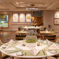 La Tavola biedt een warme Italiaanse restaurantsfeer met stijlvolle tafels en zicht op de keuken. Interieur van La Tavola met gedekte ronde tafels, planten en open keuken